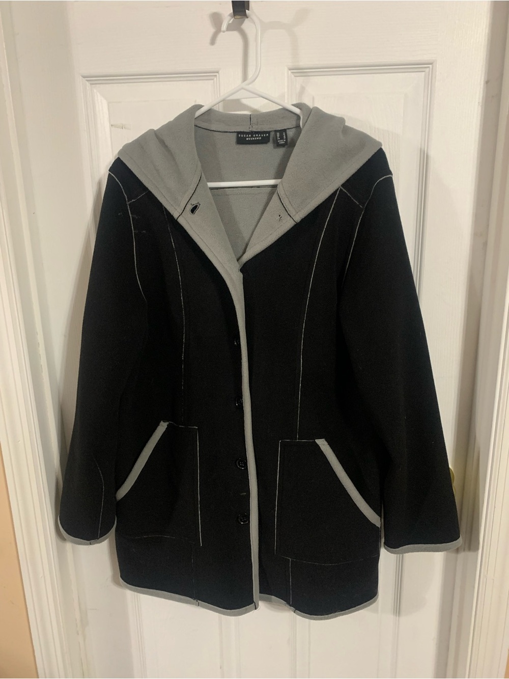 Susan Graver Black & Gray Hooded Wool-Blend Coat